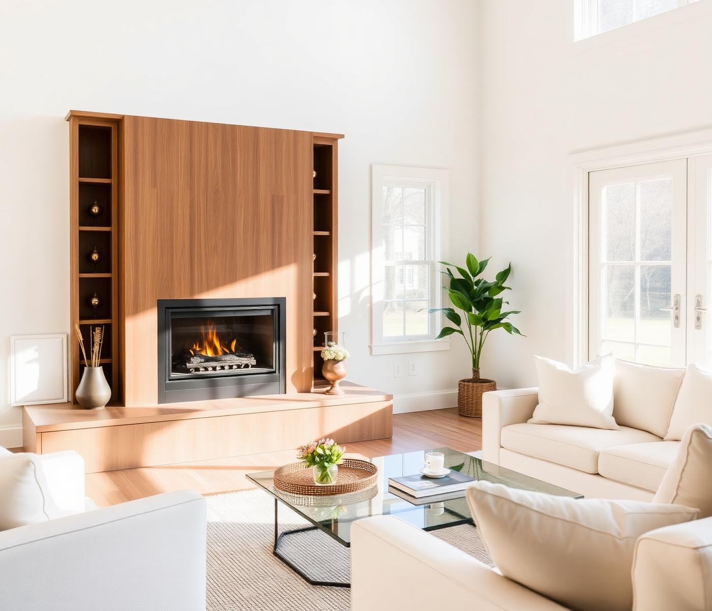 Bright modern Richmond living room with a clean fireplace